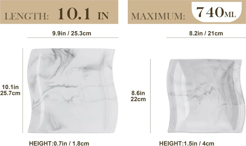 MALACASA, Serie Flora, Marmor Porzellan Tafelservice 12 Teiligen Set Kombiservice Geschirrset Mit Je 6 Speiseteller Und 6 Suppenteller Für 6 Personen – Bild 2