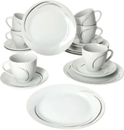 Van Well 18tlg. Kaffee-Service Home Für 6 Personen I 6x Tasse 180ml, 6x Untertasse + 6x Kuchenteller I Porzellan-Geschirr Mit Streifen In Grau, Schwarz & Creme I Kaffeepott, Dessert-Teller