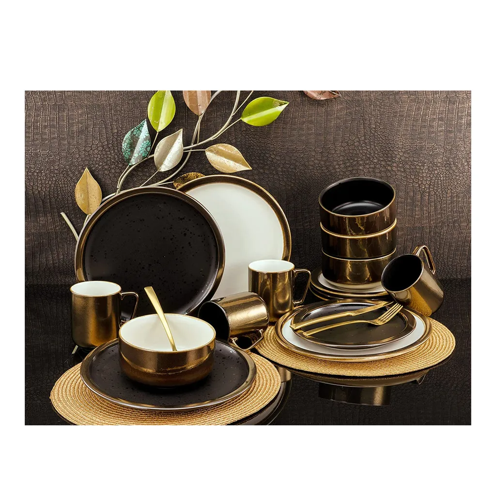 CreaTable 23594 Kombiservice Modern Industrial Für 4 Personen, Steinzeug, Schwarz/gold (1 Set, 12-teilig) – Bild 7