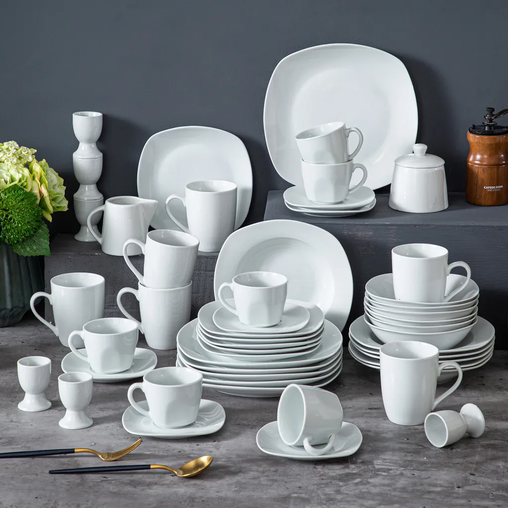 MALACASA, Serie Elisa, 50-teilig Tafelservice Aus Porzellan Für 6 Personen, Kombiservice Frühstückservice Kaffeeservice Mit Eierbecher, Kaffeetassen, Untertassen, Müslischalen, Dessertteller – Bild 7