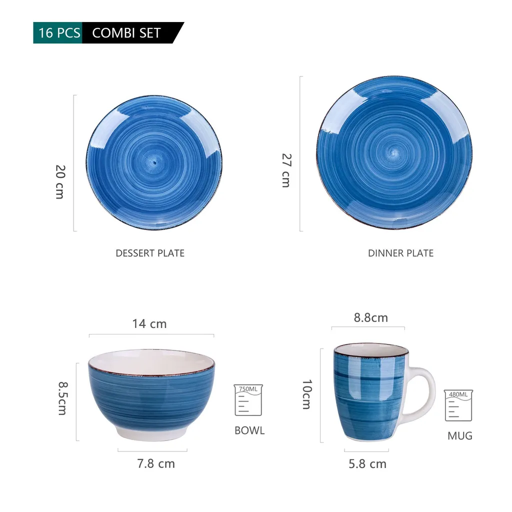 Vancasso Bella Steinzeug Kombiservice, 16 Teilig Geschirrset Für 4 Personen, Mit Je 4 Dessertteller, Speiseteller, Müslischalen, Kaffeebecher, Blau – Bild 2