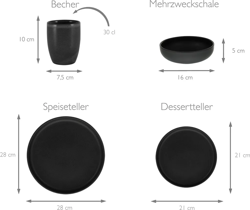 CreaTable 22979 Tafelservice Uno BLACK Für 4 Personen, Steinzeug, Schwarz (1 Set, 12-teilig) – Bild 5