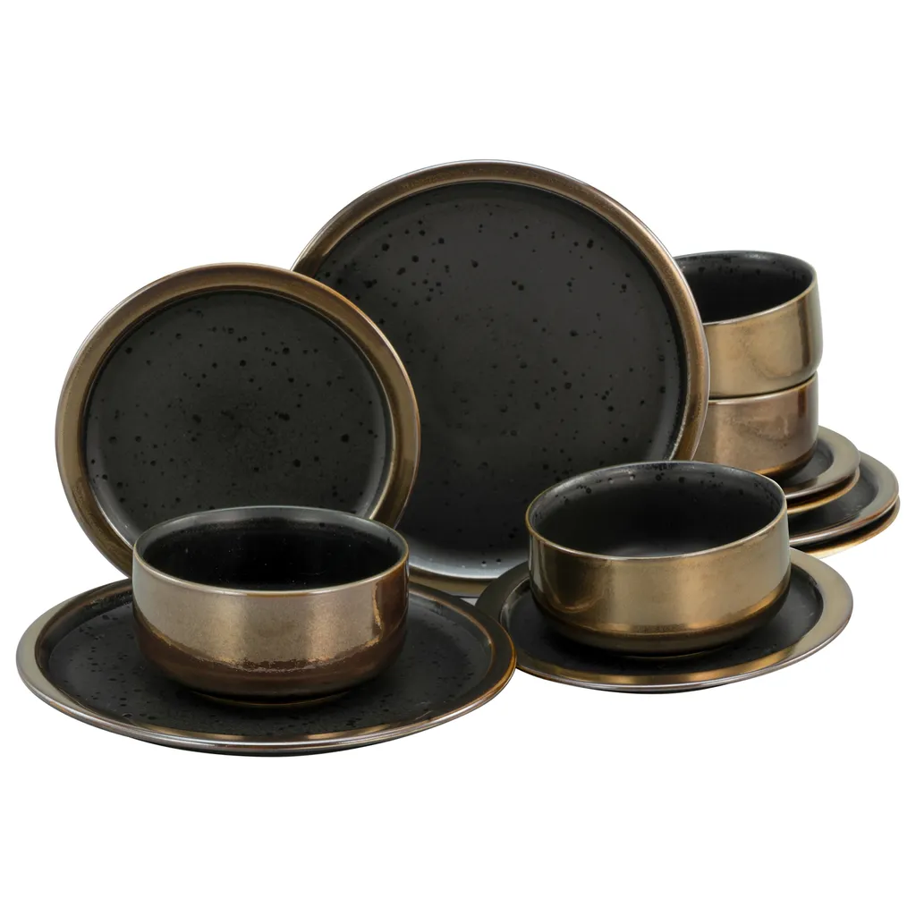 CreaTable 23594 Kombiservice Modern Industrial Für 4 Personen, Steinzeug, Schwarz/gold (1 Set, 12-teilig)