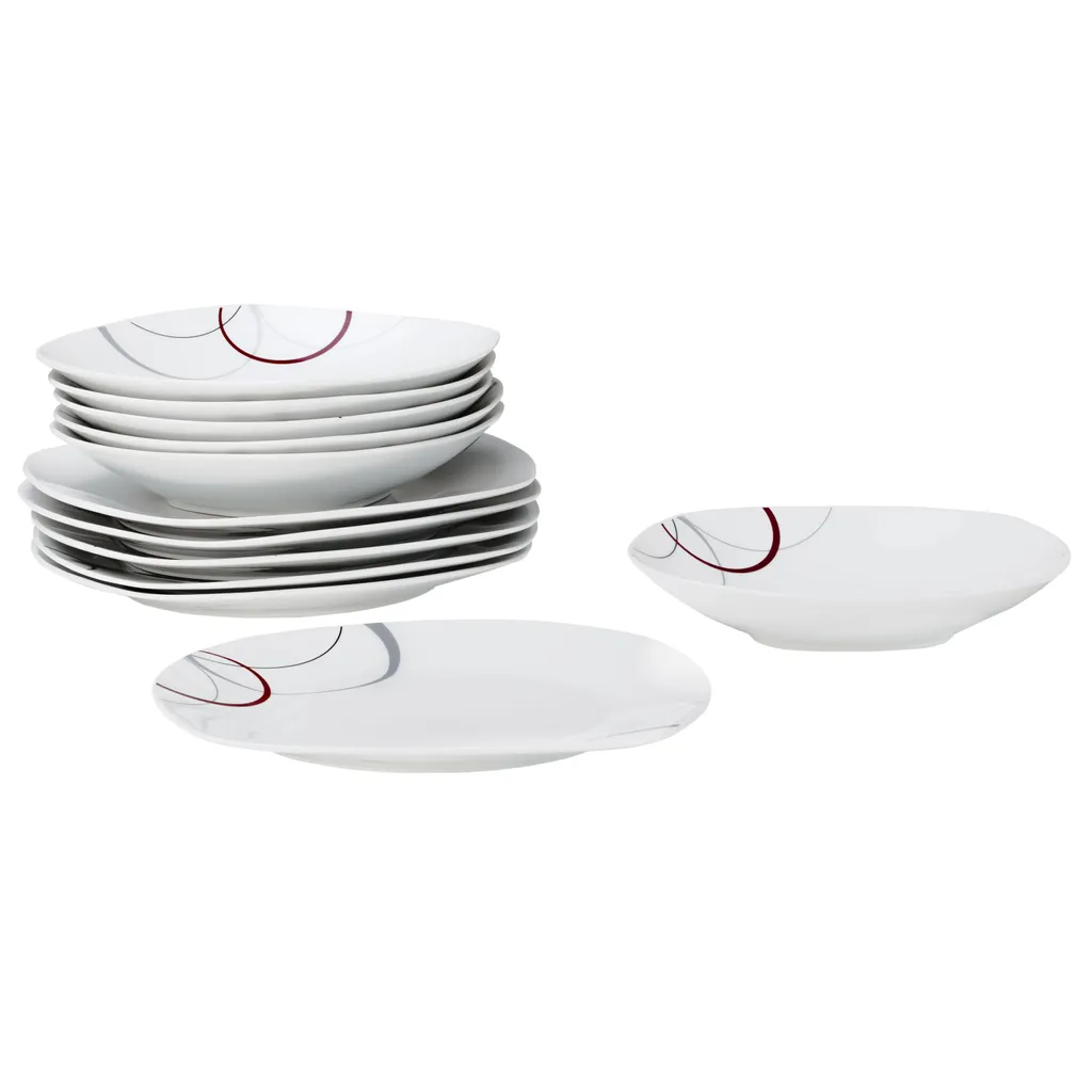Tafelservice Palazzo 12tlg. - Weiß MitNachbildung-Kreisen In Grau Und Dunkelrot - Für 6 Personen