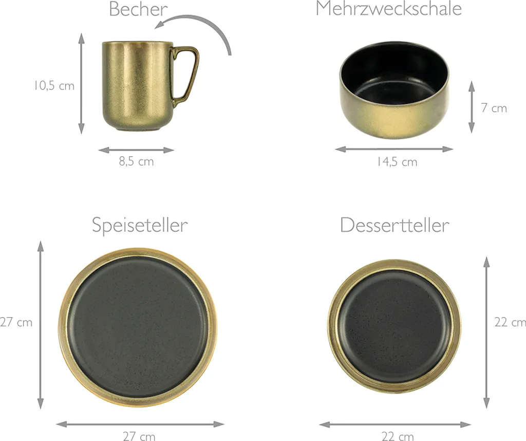 CreaTable 23592 Kombiservice Modern Industrial Für 4 Personen, Steinzeug, Schwarz/gold (1 Set, 16-teilig) – Bild 3