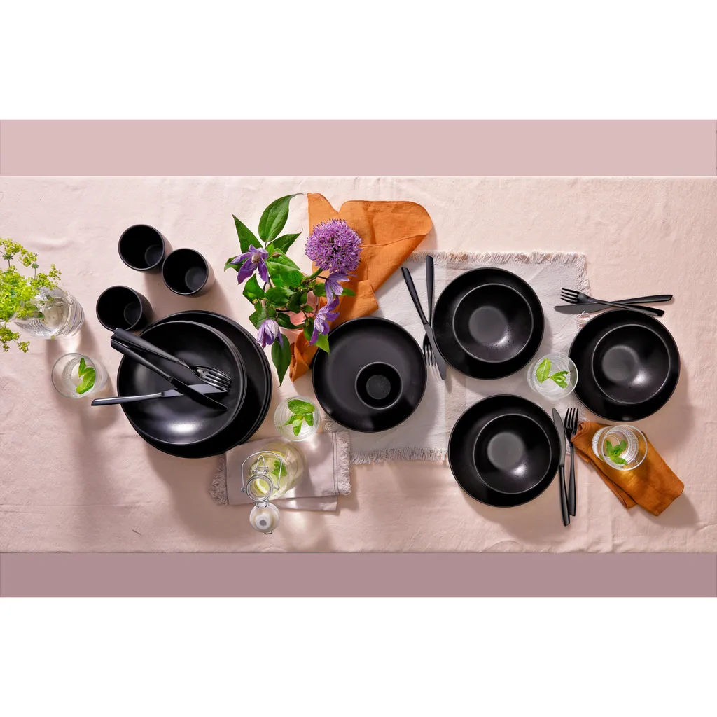 Mammoet Moon Geschirrset 6 Personen, Steingut, Bestehend Aus Tiefen Und Flachen Tellern Sowie Schalen – Je 6 Stück, Matt Schwarz, Moderne Form, Spülmaschinenfest – Bild 6