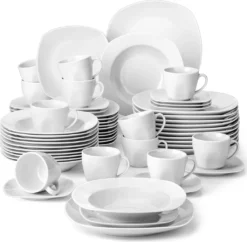 MALACASA, Serie Elisa, 60 Tlg. Porzellan Tafelservice Geschirrset Mit 12 Kaffeetassen, 12 Untertassen, 12 Dessertteller, 12 Suppenteller, 12 Essteller