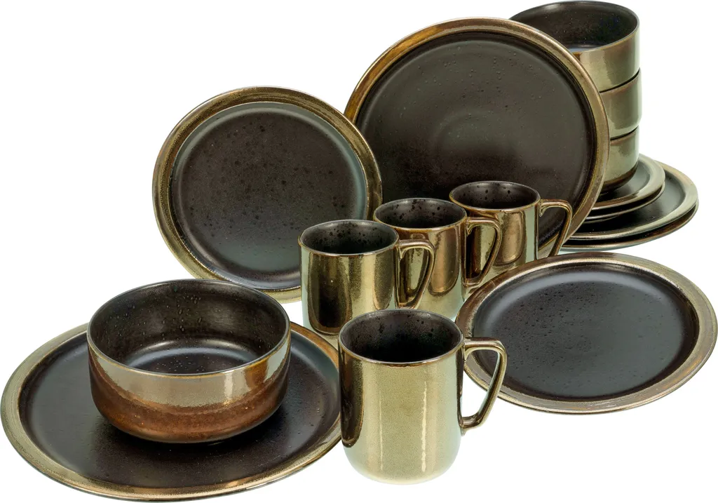 CreaTable 23592 Kombiservice Modern Industrial Für 4 Personen, Steinzeug, Schwarz/gold (1 Set, 16-teilig) – Bild 2