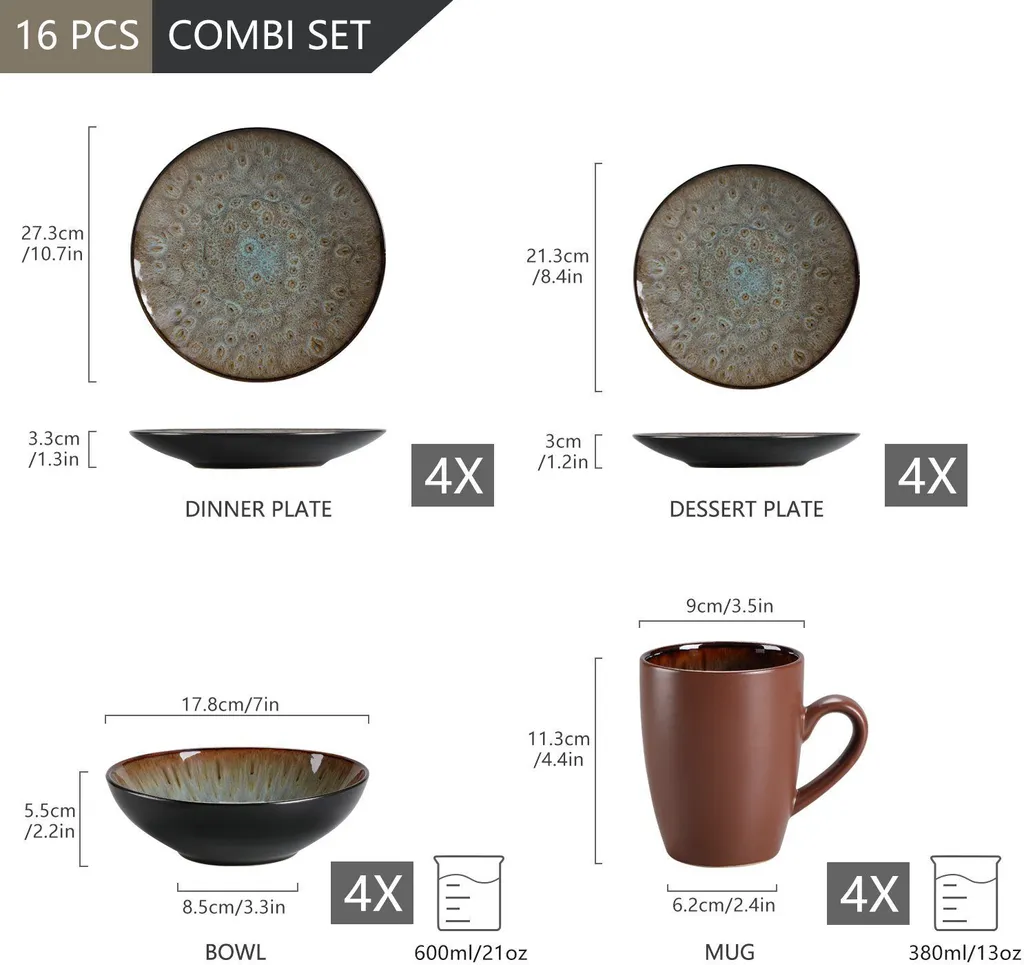 Tafelservice Steinzeug, Vancasso 16-St BUBBLE Kombiservice, Geschirrset Mit Müslischalen, Kaffeetassen, Dessertteller Und Speiseteller Für 4 Personen, Vintage – Bild 2