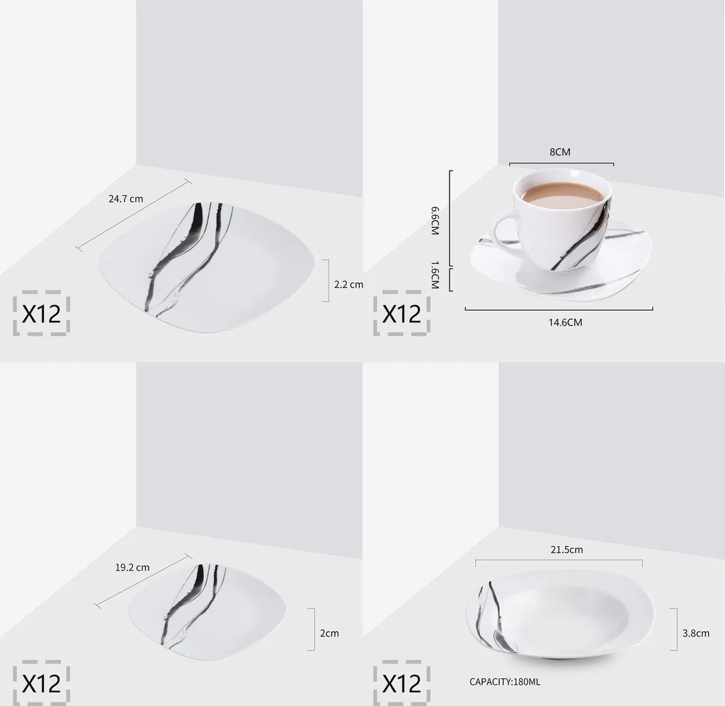 VEWEET Tafelservice 'Teresa' Aus Porzellan, 60-tlg Kombiservice Mit Kaffeetassen 175 Ml, Untertasse, Dessertteller, Speiseteller Und Suppenteller, Komplettservice Für 12 Personen – Bild 2