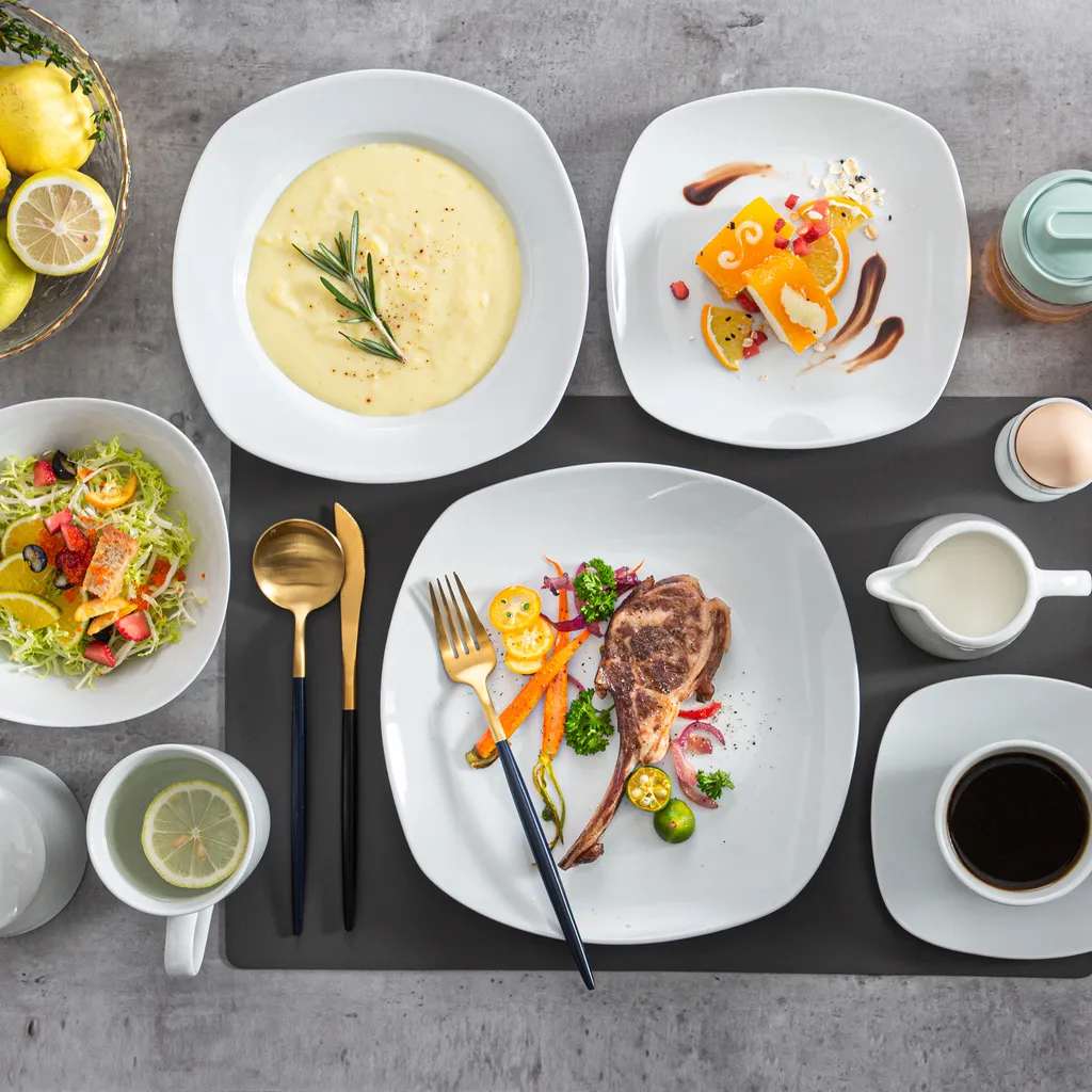 MALACASA, Serie Elisa, 50-teilig Tafelservice Aus Porzellan Für 6 Personen, Kombiservice Frühstückservice Kaffeeservice Mit Eierbecher, Kaffeetassen, Untertassen, Müslischalen, Dessertteller – Bild 4