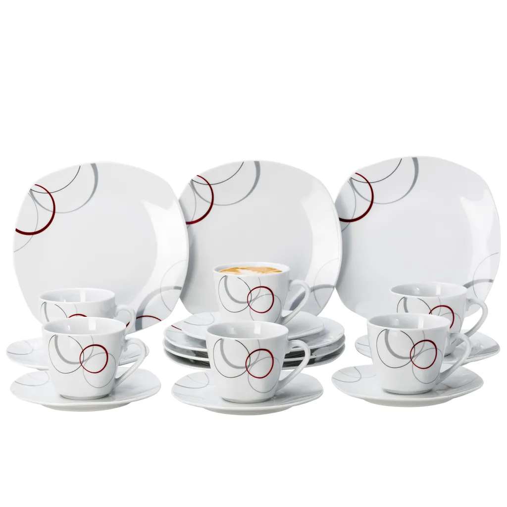 Kaffeeservice Palazzo 18tlg. - Weiß MitNachbildung-Kreisen In Grau Und Dunkelrot - Für 6 Personen