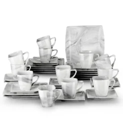 MALACASA, Serie Blance, 36 Tlg. Set Marmor Porzellan Kaffeeservice Geschirrset, Mit 12 Stück Kuchenteller, 12 Stück 180ml Tasse Und 12 Stück Untertasse Für 12 Personen