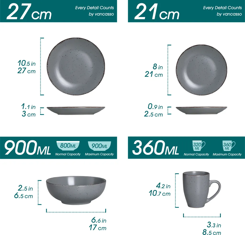 Tafelservice Steingut, Vancasso MODA Geschirrset, Vintage Aussehen, 16-teiliges Kombiservice Mit Je 4 Speisetellern, Kuchentellern, Schalen Und Becher – Bild 2