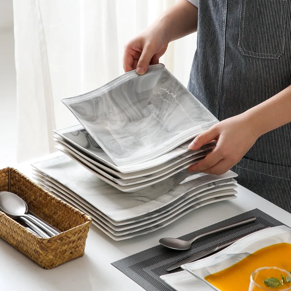 MALACASA, Serie Flora, Marmor Porzellan Tafelservice 12 Teiligen Set Kombiservice Geschirrset Mit Je 6 Speiseteller Und 6 Suppenteller Für 6 Personen – Bild 7