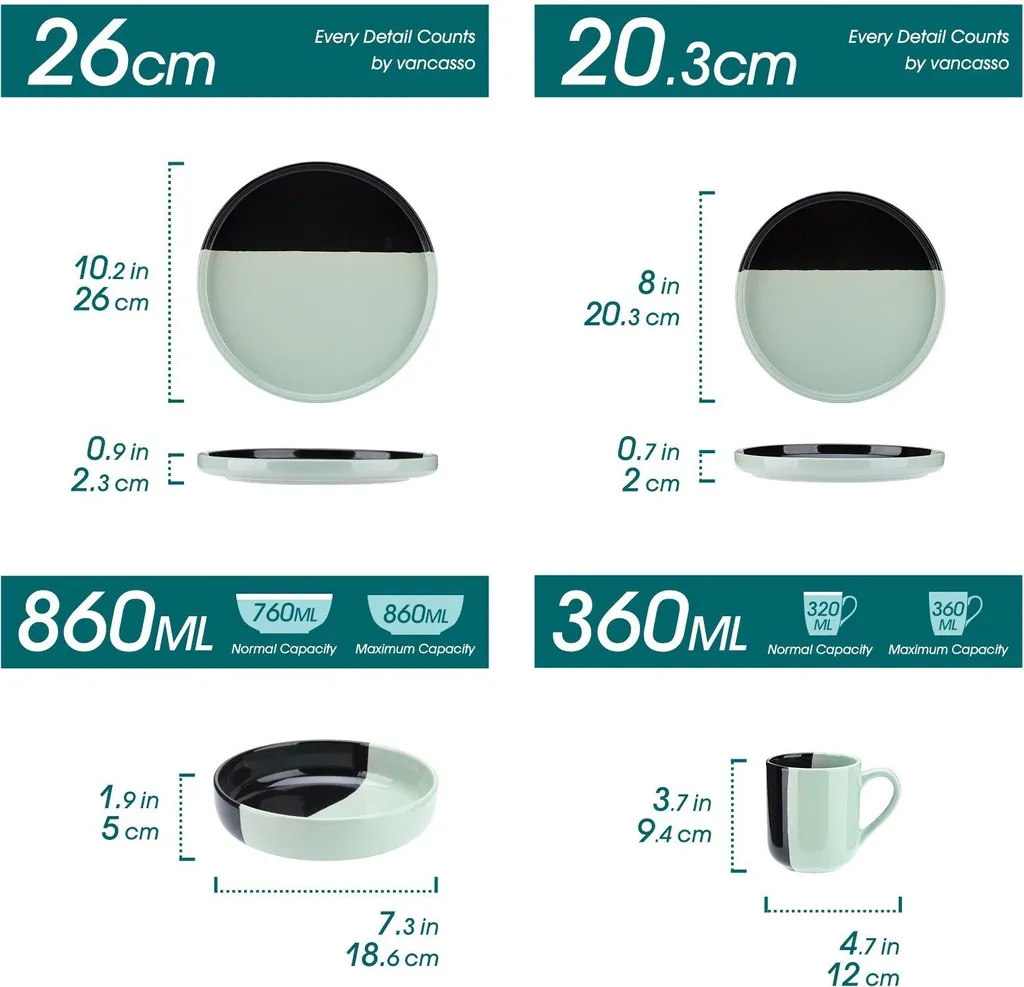 Vancasso Aria Tafelservice Für 8 Personen (32-teilig) Mit Tellern, Schalen Und Tassen, Schwarz Und Türkis – Bild 2