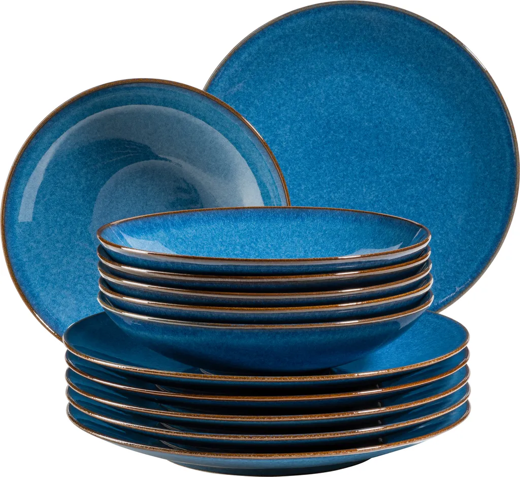 Mäser 931946 Tafelservice Ossia Für 6 Personen, Steinzeug, Blau (1 Set, 12-teilig)