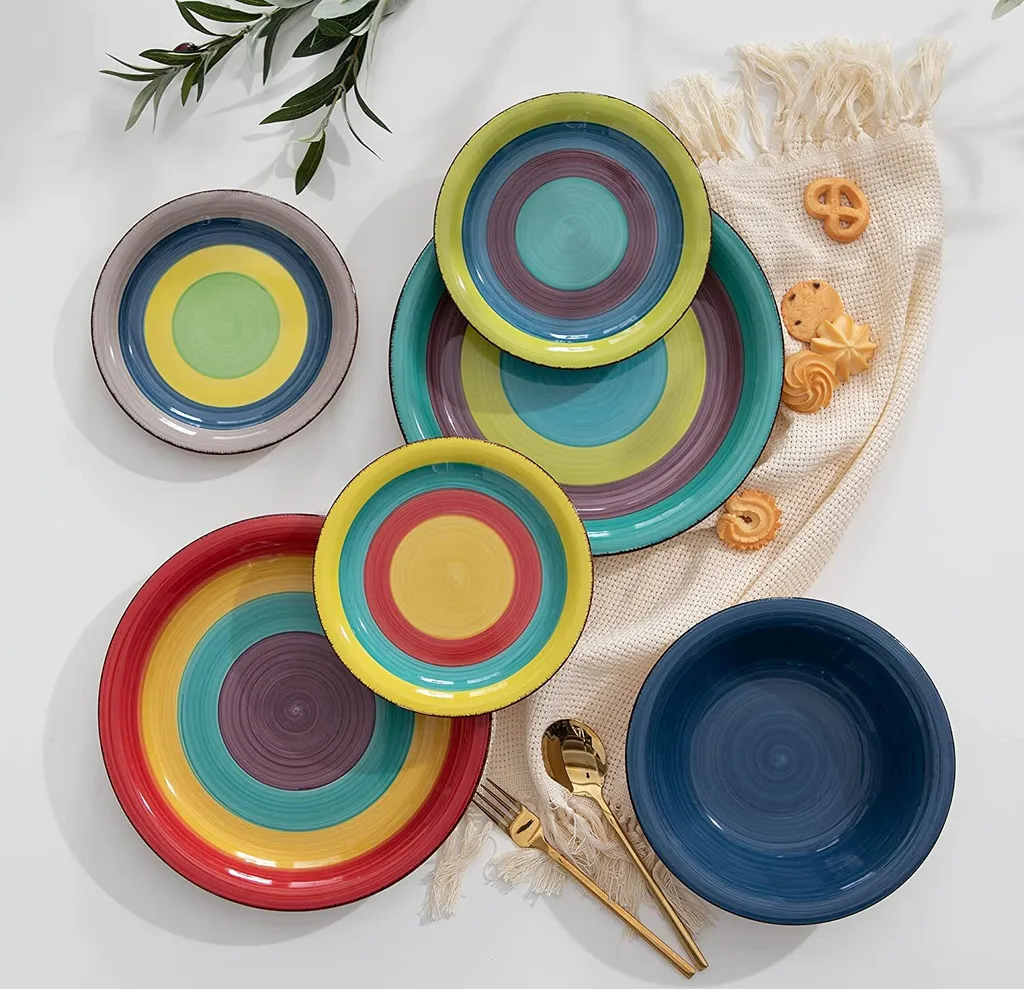 Tafelservice Steingut, Vancasso ARCO 36-teiliges Kombiservice Set, Vintage Geschirrservice Mit Je 12 Speiseteller, Kuchenteller Und Suppenteller, Für 12 Personen, Regenbogen Stil – Bild 7