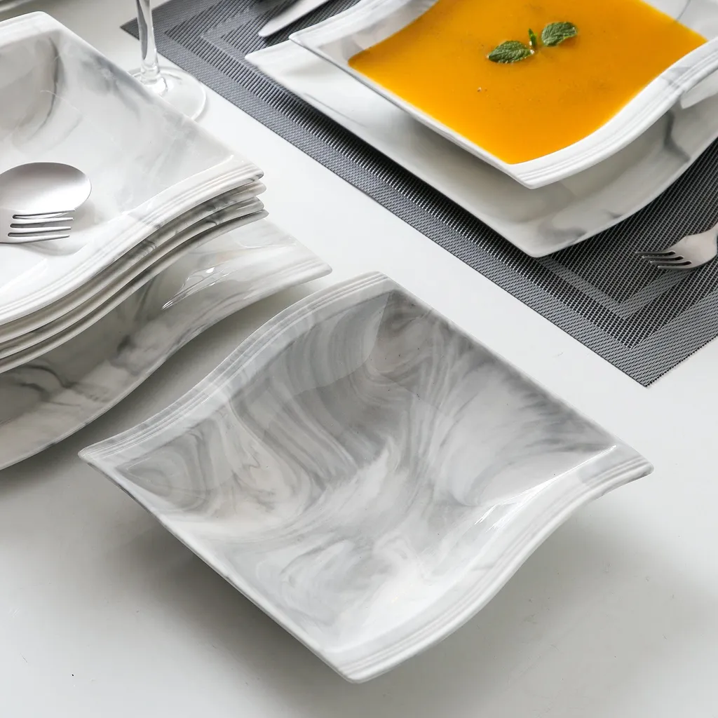 MALACASA, Serie Flora, Marmor Porzellan Tafelservice 12 Teiligen Set Kombiservice Geschirrset Mit Je 6 Speiseteller Und 6 Suppenteller Für 6 Personen – Bild 4