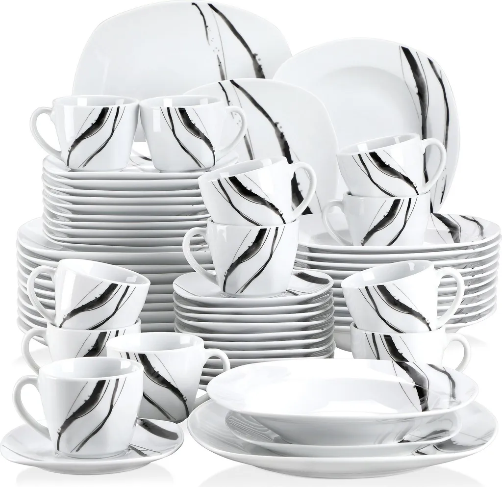 VEWEET Tafelservice 'Teresa' Aus Porzellan, 60-tlg Kombiservice Mit Kaffeetassen 175 Ml, Untertasse, Dessertteller, Speiseteller Und Suppenteller, Komplettservice Für 12 Personen
