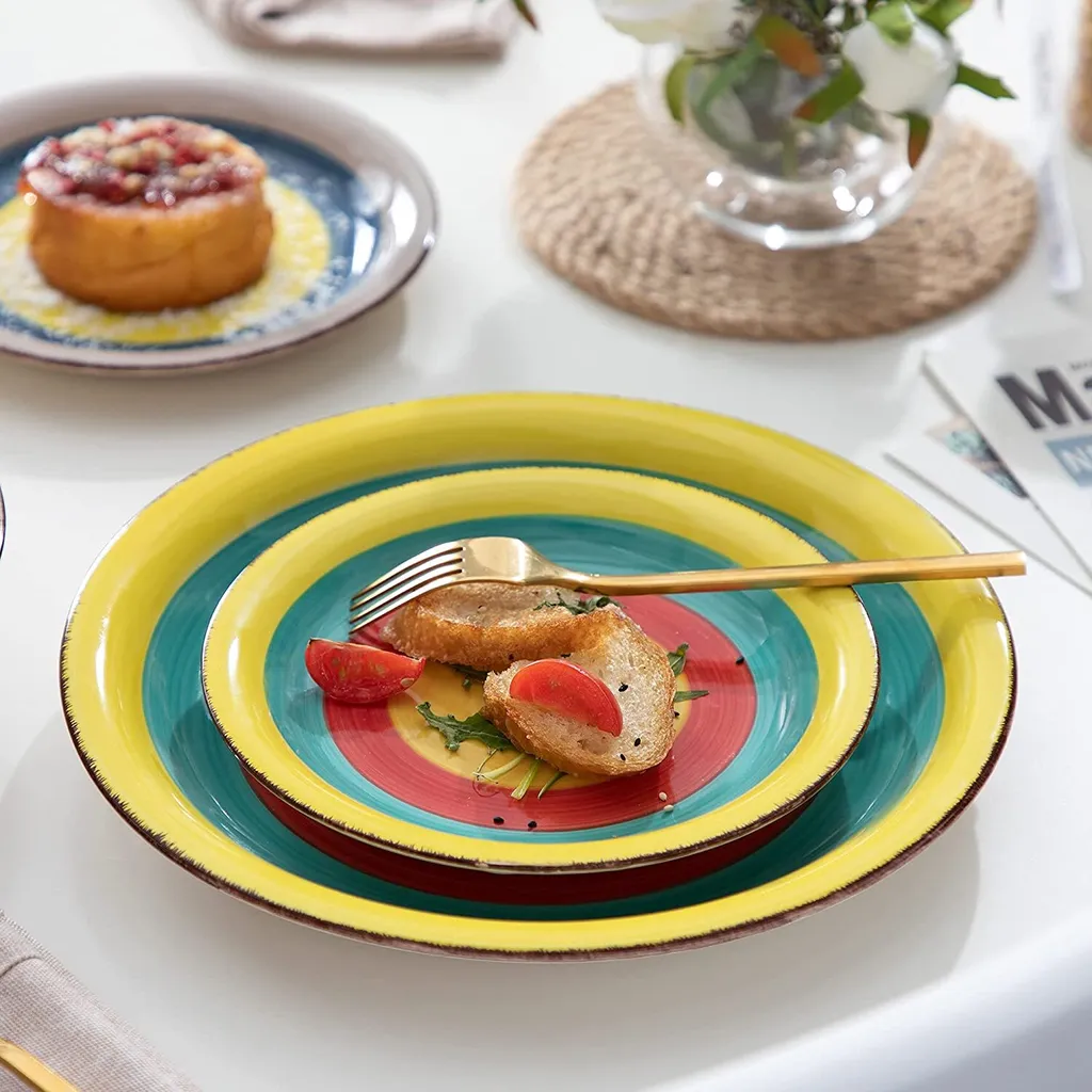 Tafelservice Steingut, Vancasso ARCO 36-teiliges Kombiservice Set, Vintage Geschirrservice Mit Je 12 Speiseteller, Kuchenteller Und Suppenteller, Für 12 Personen, Regenbogen Stil – Bild 3