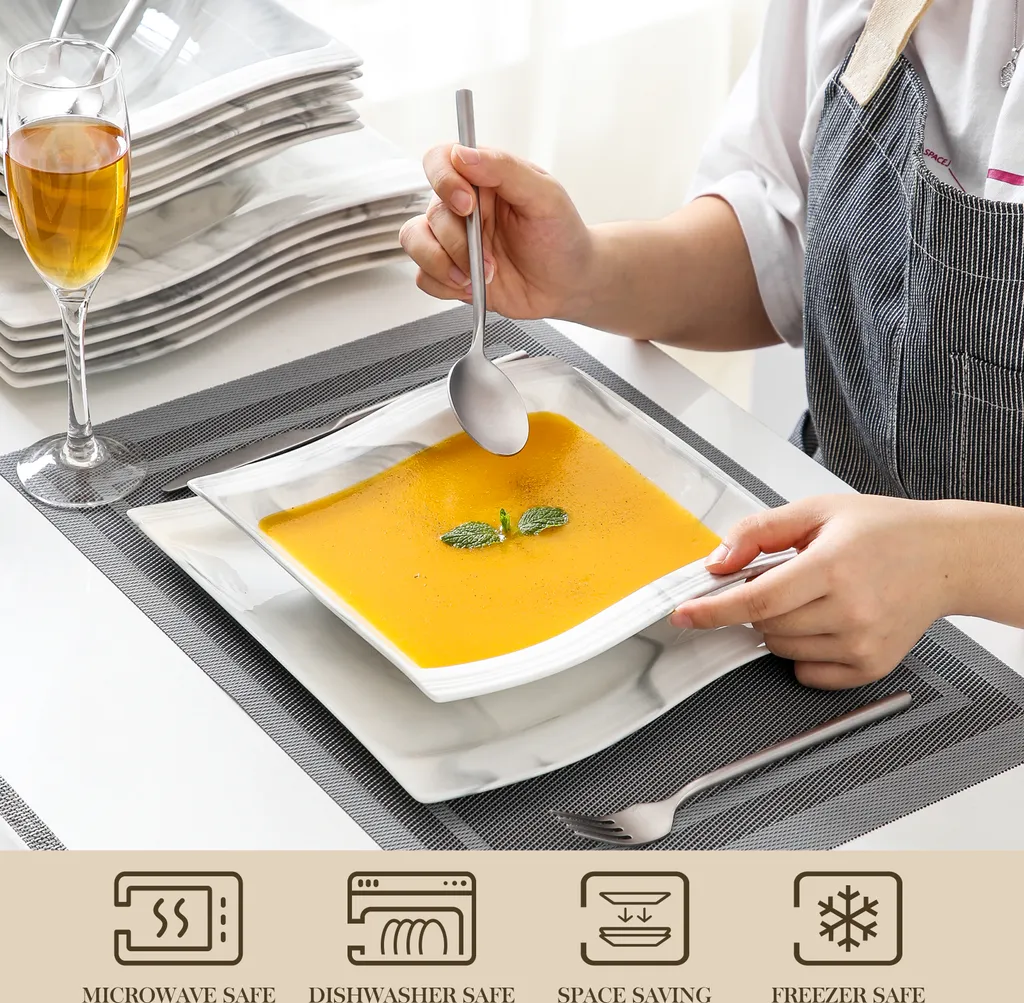 MALACASA, Serie Flora, Marmor Porzellan Tafelservice 12 Teiligen Set Kombiservice Geschirrset Mit Je 6 Speiseteller Und 6 Suppenteller Für 6 Personen – Bild 3