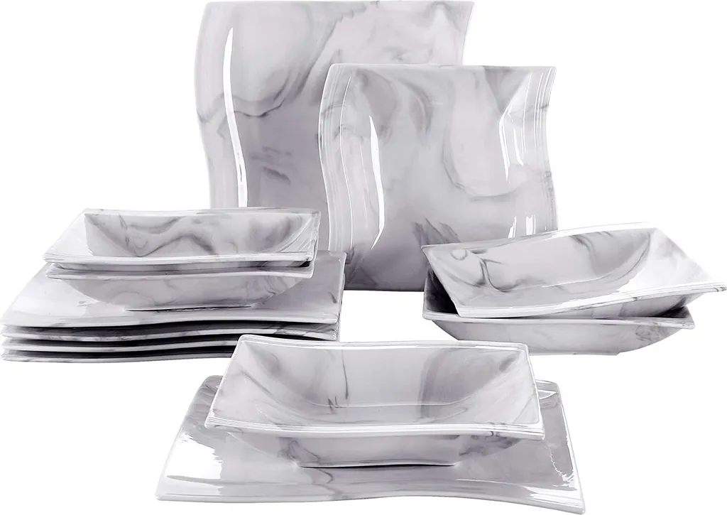 MALACASA, Serie Flora, Marmor Porzellan Tafelservice 12 Teiligen Set Kombiservice Geschirrset Mit Je 6 Speiseteller Und 6 Suppenteller Für 6 Personen