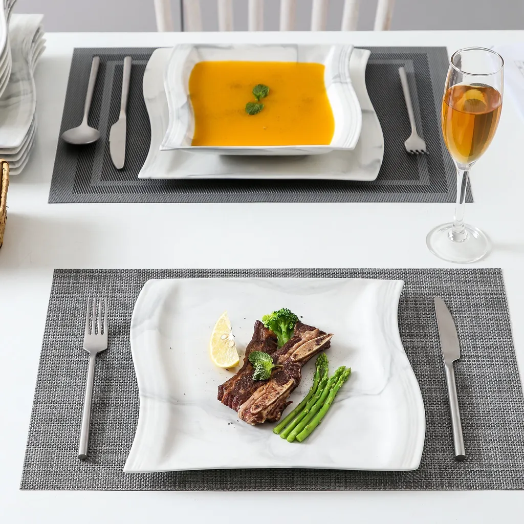 MALACASA, Serie Flora, Marmor Porzellan Tafelservice 12 Teiligen Set Kombiservice Geschirrset Mit Je 6 Speiseteller Und 6 Suppenteller Für 6 Personen – Bild 6