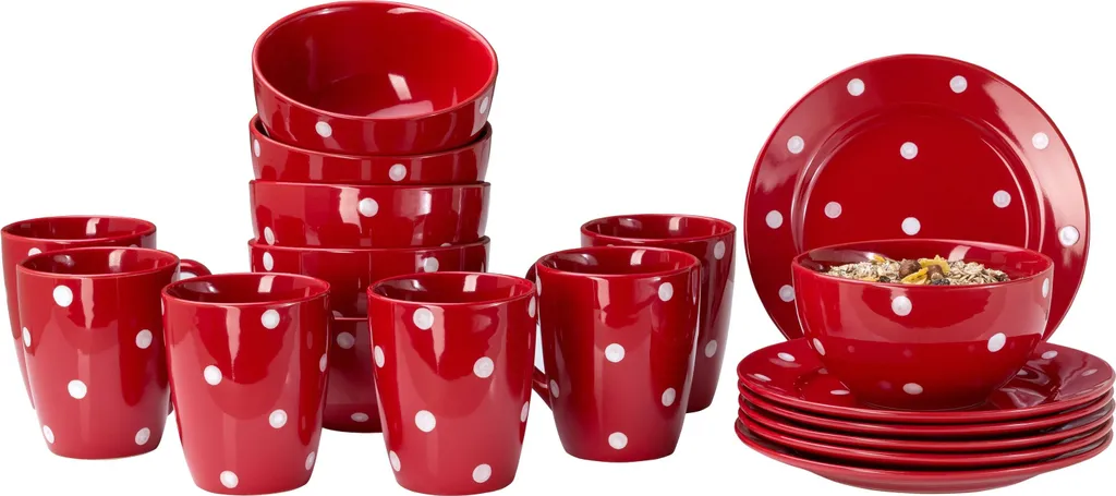 Emily 18tlg Frühstücksset 6 Personen Rot Weiße Punkte Teller Kaffeebecher Schalen Geschirrset